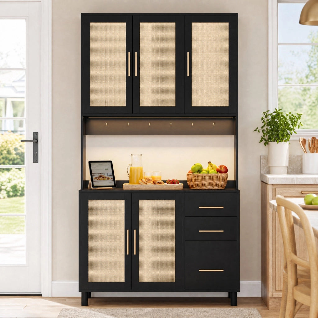 Credenza da cucina con LED controllabile via app; prese e USB; in MDF nero