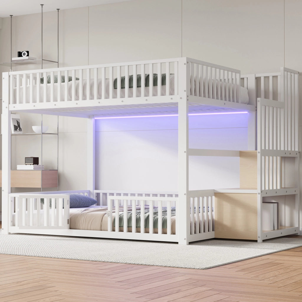 Letto a castello 140x200 cm con scala contenitore e LED, Bianco
