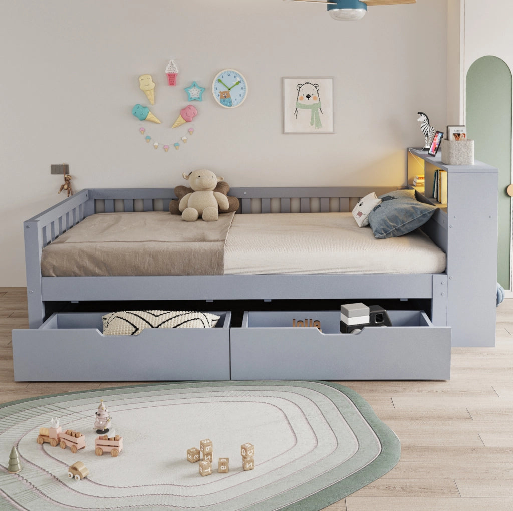 Letto multifunzione in legno con contenimento, LED e prese