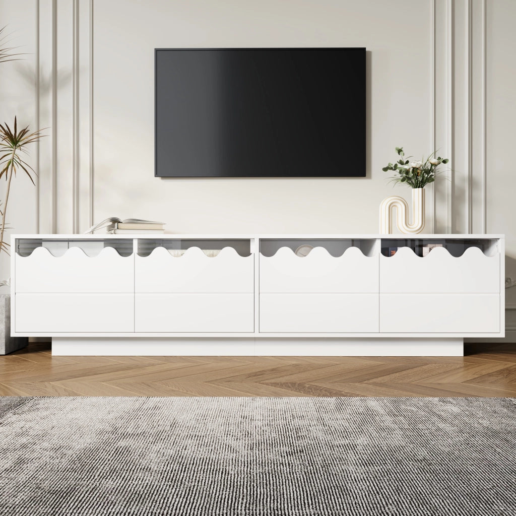 Mobile TV largo 170 cm con 4 ante e design ondulato, MDF e truciolato, bianco