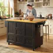 Isola Cucina con Carrello Estraibile su Ruote, 120x73(45)x93 cm, Bianco/Nero, 2 Ante, 5 Cassetti, Mensole Regolabili, Portasalviette e Portaspezie