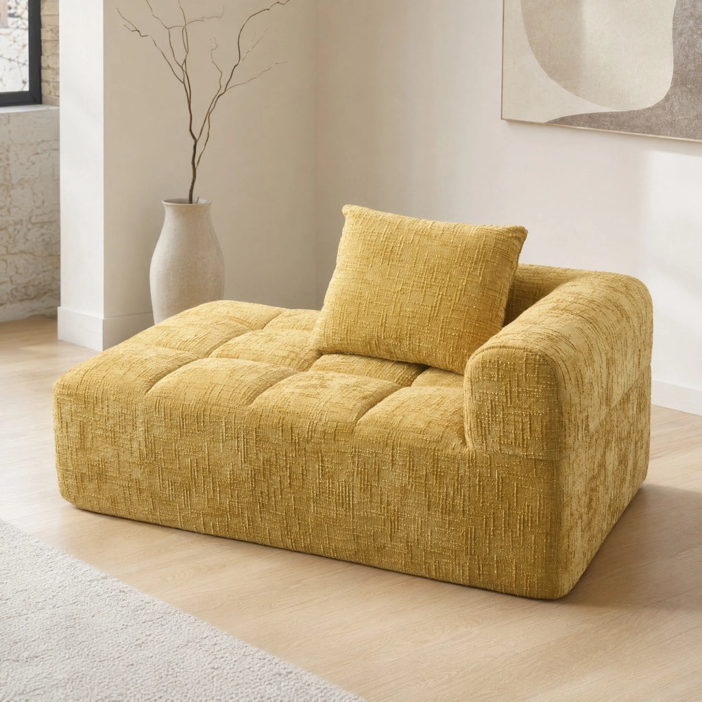 Divano chaise longue in ciniglia giallo con tasche laterali e cuscino