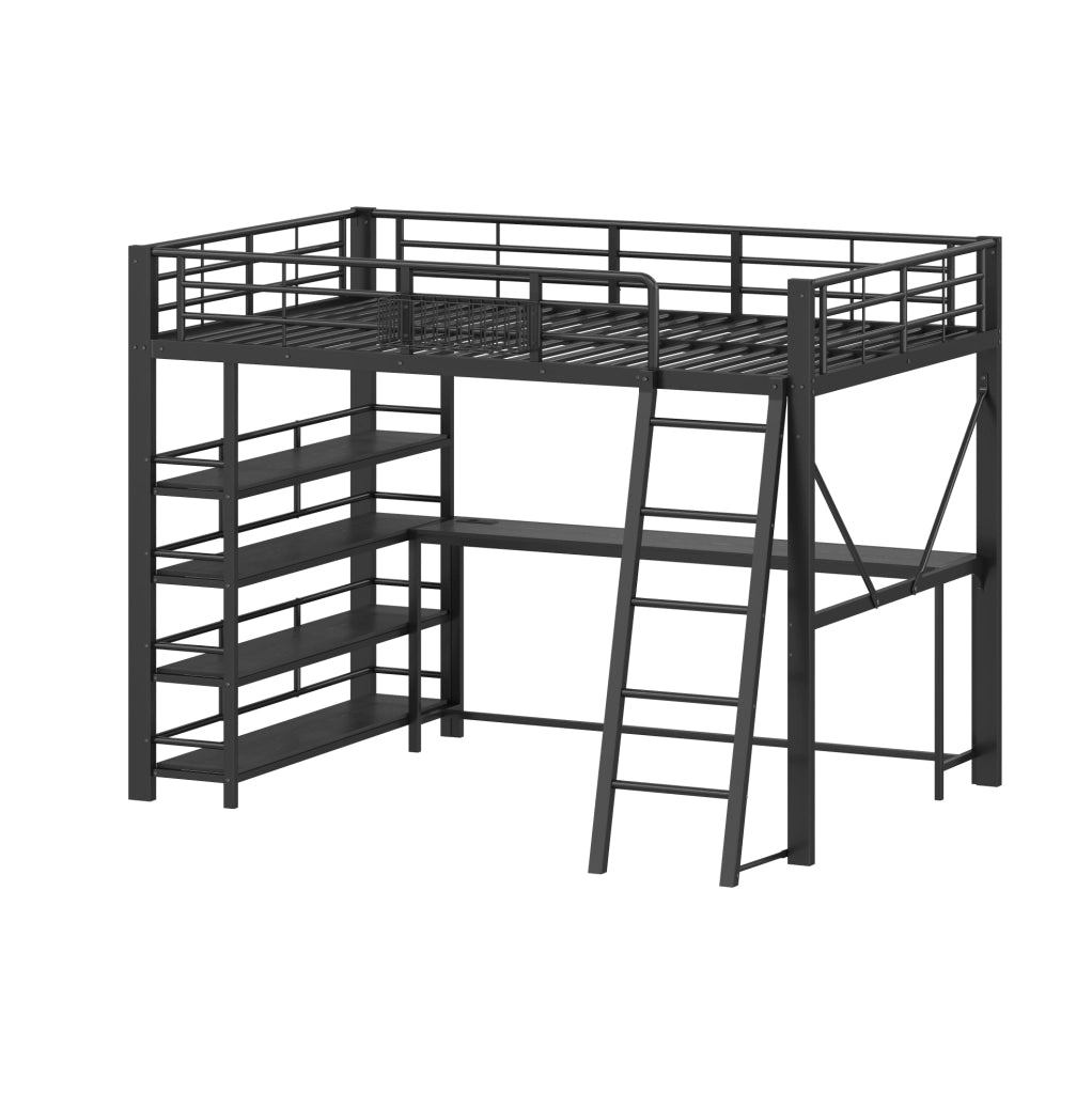 Letto soppalcato 140x200 in metallo nero con scrivania， LED e USB， senza materasso