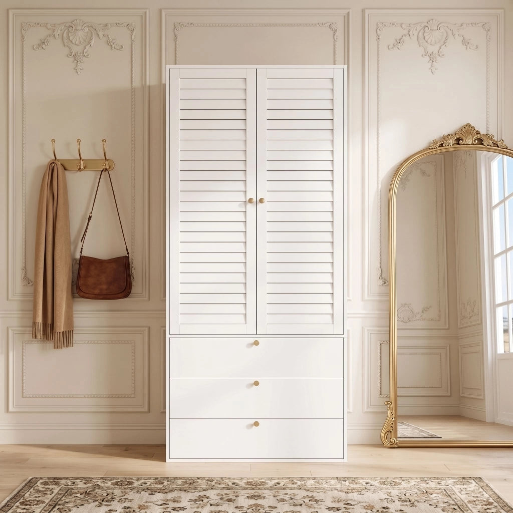 Armadio, ante a persiana, 3 cassetti, 90 x 50 x 200 cm, bianco