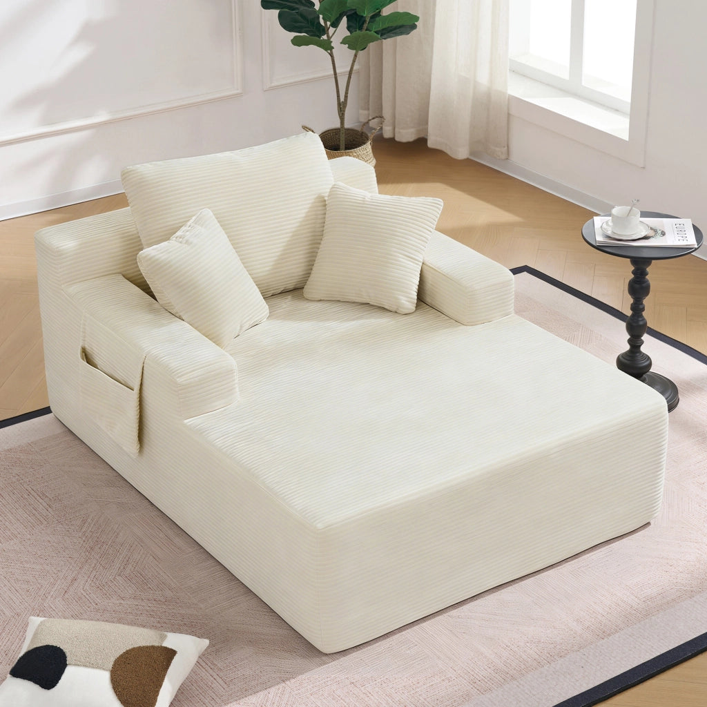 Divano in velluto a coste beige con tasche laterali e imbottitura a molle