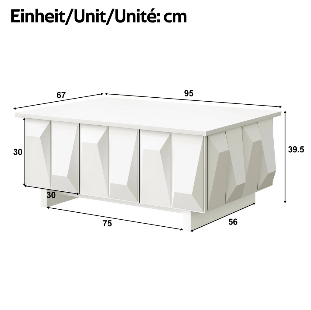 Tavolino da salotto moderno con spazio contenitore e frontali 3D; 95x67x39;5 cm; bianco
