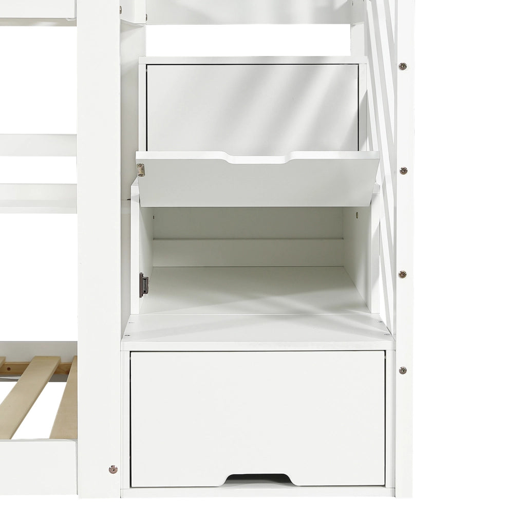 Letto a castello per bambini 90 × 200 cm con scale contenitore in legno MDF bianco e grigio con tetto e finestre