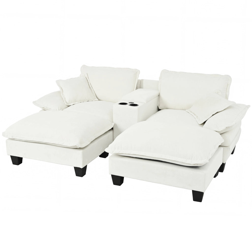 Divano modulare con contenitore; USB e portabicchieri con 2 pouf e 2 cuscini in chenille beige