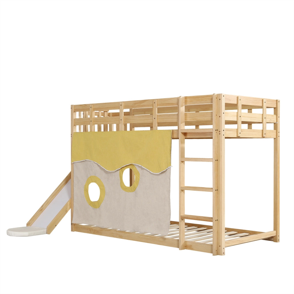 Letto a castello per bambini 90 × 200 cm con scala scivolo tende e protezione anticaduta in legno naturale