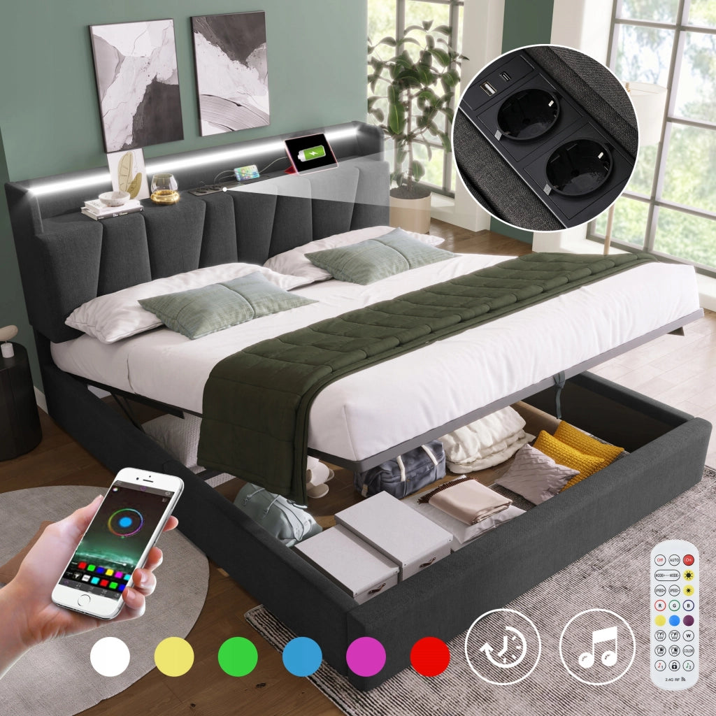 Letto imbottito con LED e USB - Xylo - 140x200 - Grigio