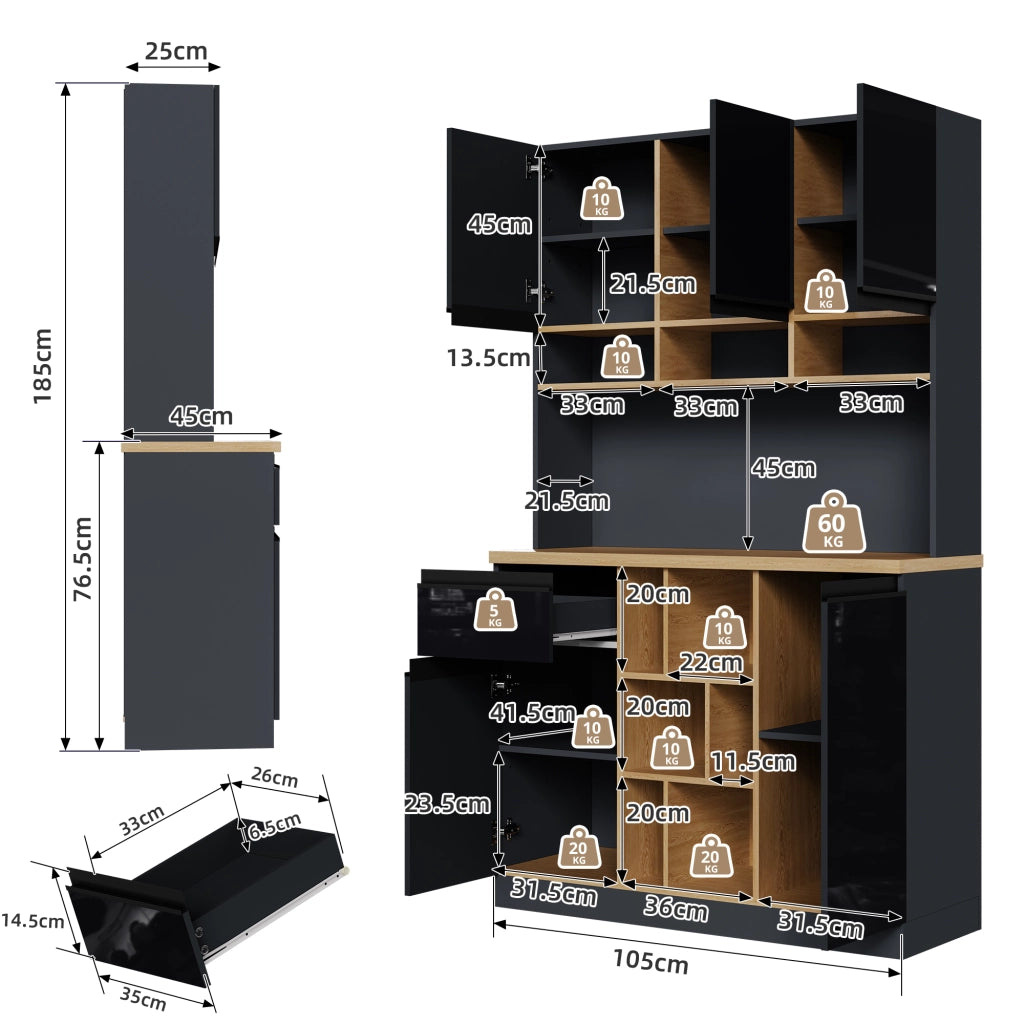 Mobile buffet da cucina con ripiani regolabili e cassetto; nero e naturale