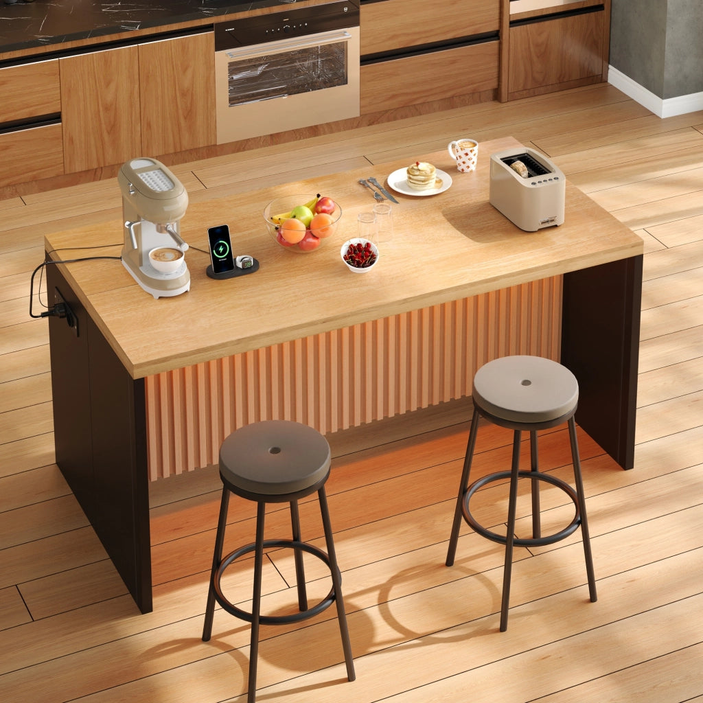 Isola cucina stile industriale 155x80x90 cm effetto legno e nero con prese; USB e illuminazione LED; MDF
