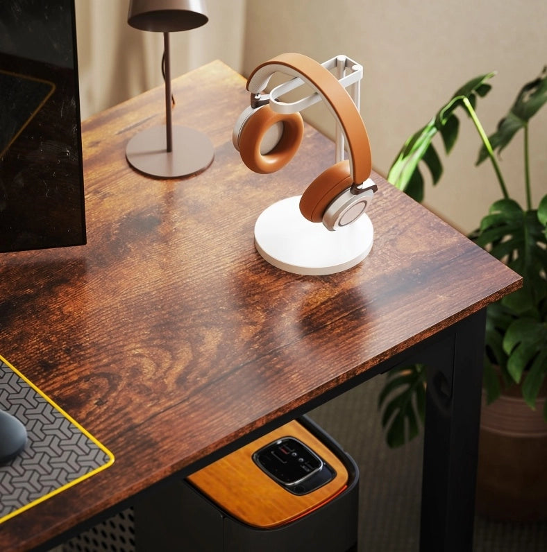 Scrivania in stile industriale, struttura in acciaio con piano in truciolato melaminico marrone, 200x60x75 cm