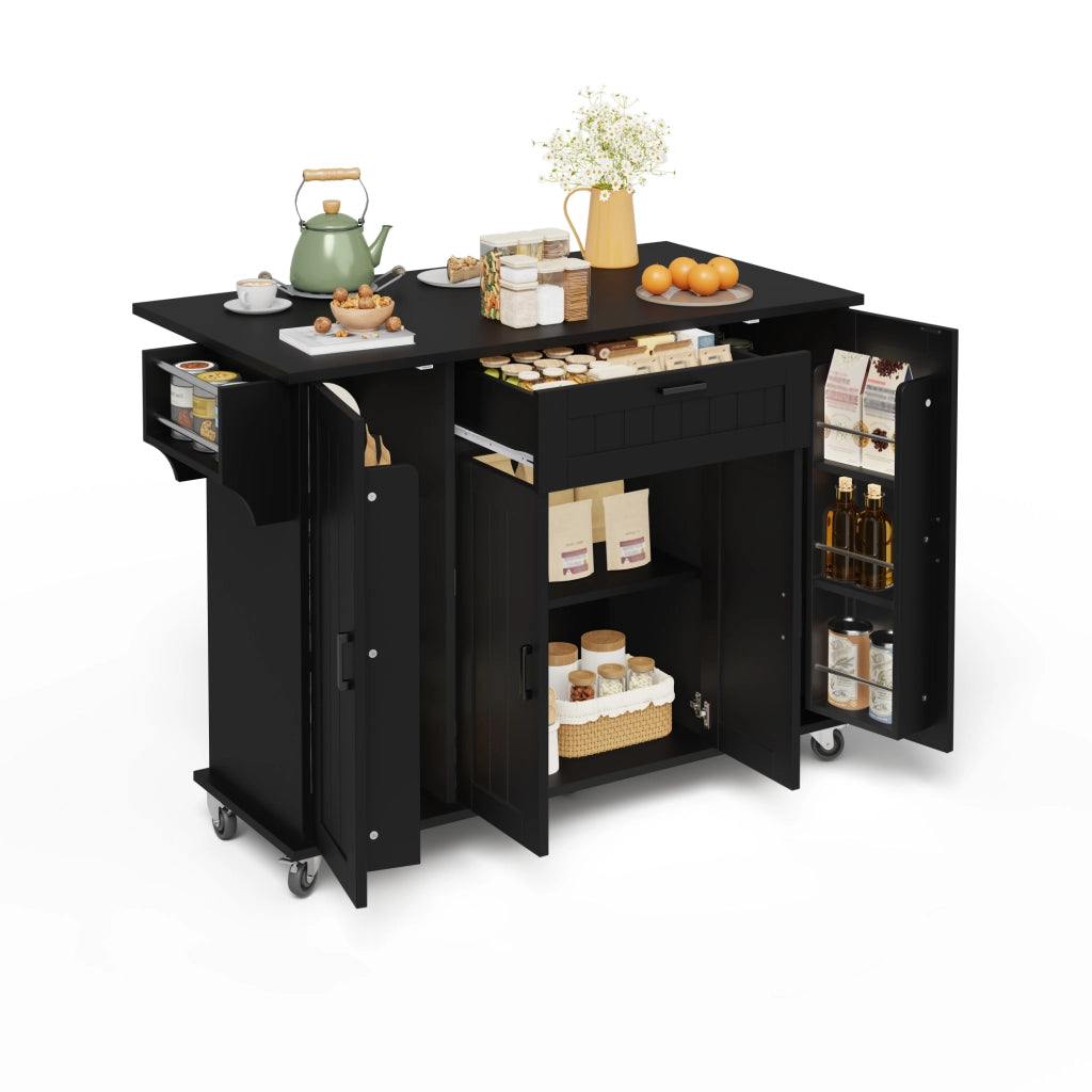 Carrello da cucina 120x45x95 cm con piano ribaltabile e 5 ruote in MDF; nero