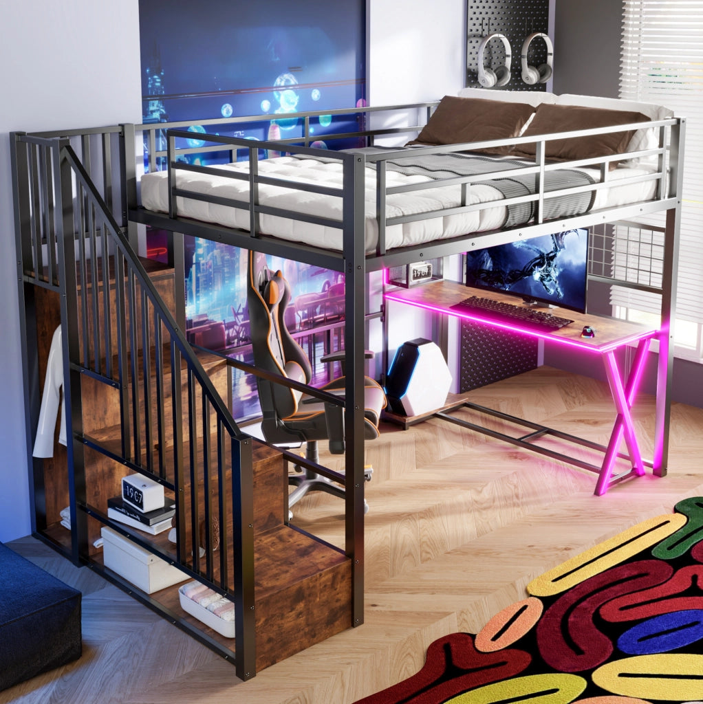 Letto a soppalco 140x200 cm con scrivania, armadio, scala contenitore e LED in metallo e MDF nero