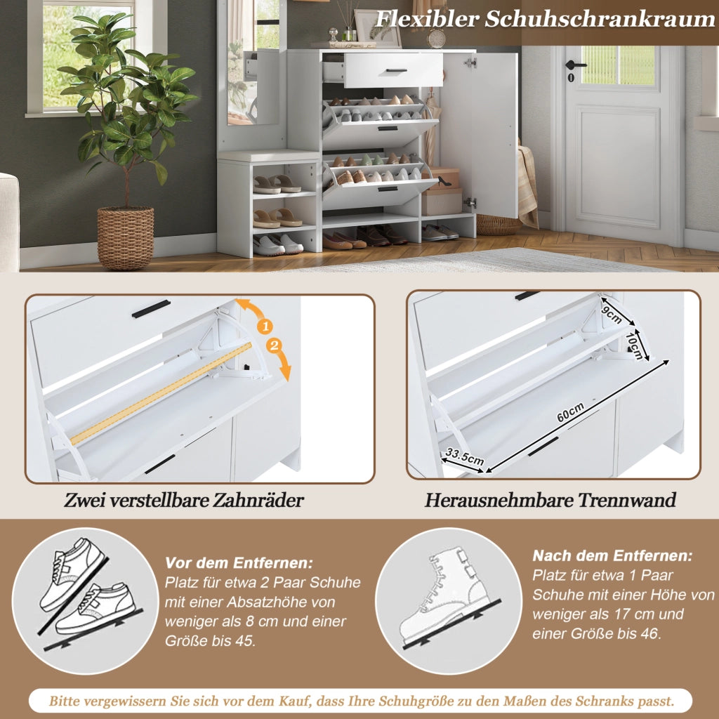 Mobile guardaroba da ingresso con scarpiera; specchio e panca; 140 ¡Á 30 ¡Á 200 cm; MDF bianco