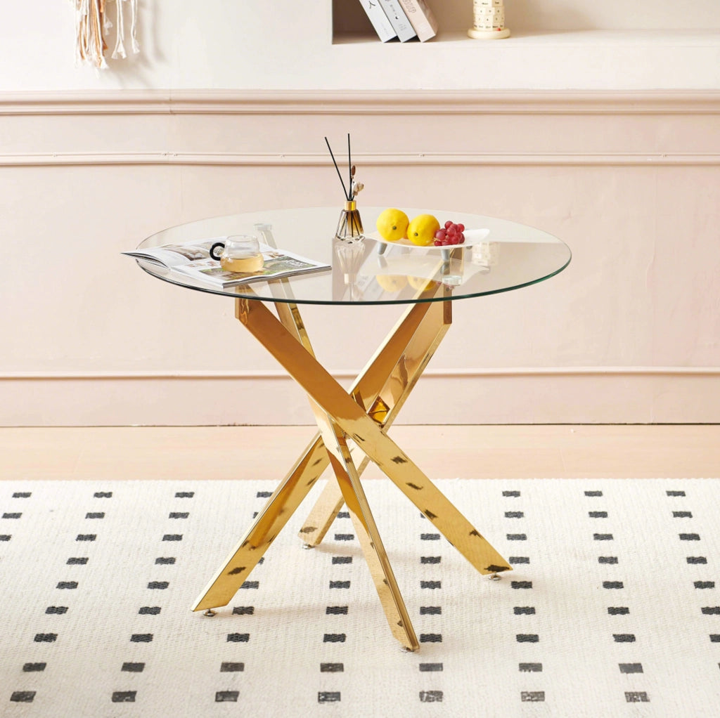 Tavolo da pranzo rotondo 80x80x75 cm in vetro e metallo; oro