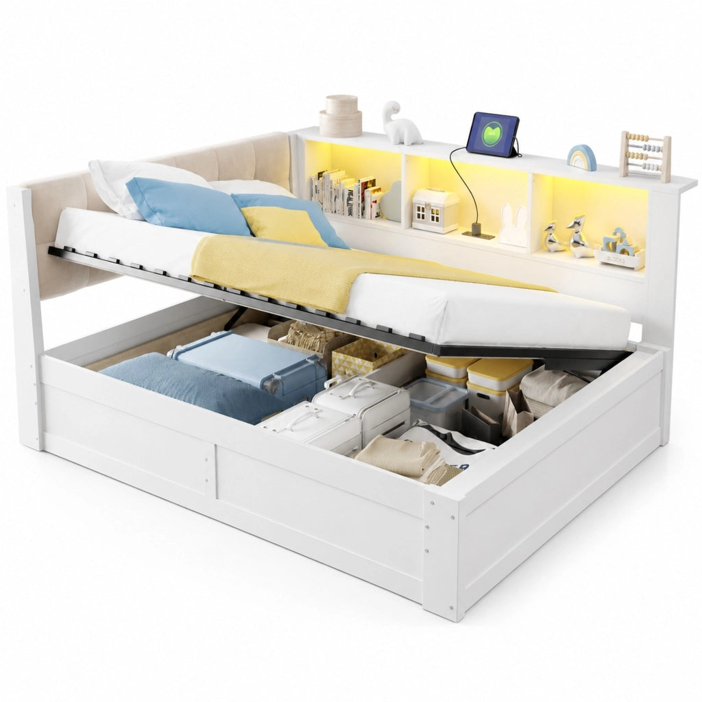 Letto da giorno 140 × 200 cm con contenitore idraulico in legno bianco LED USB e scaffale laterale