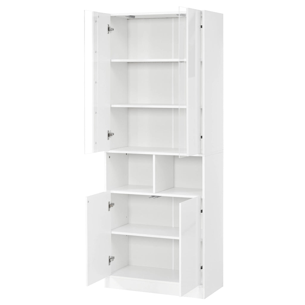 Armadio alto con LED, 4 ante, 2 vani aperti e ripiano regolabile per camera da letto, bianco, 70 × 35 × 180 cm