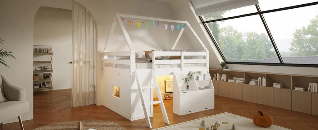 Letto a soppalco per bambini 140 × 200 cm con scala, LED, contenitori e tasche, senza materasso, bianco