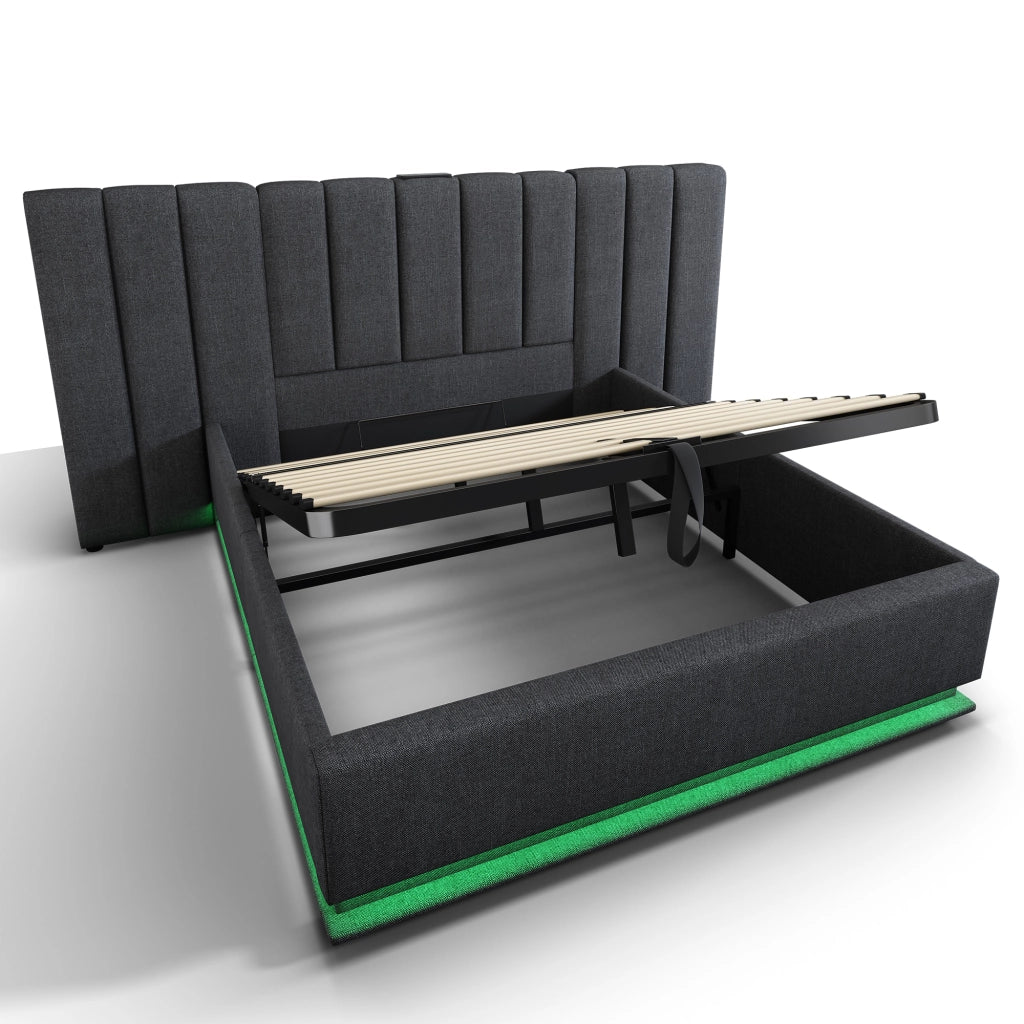 Letto doppio imbottito; 180x200cm; Controllo App LED USB C Storage Grigio; grigio