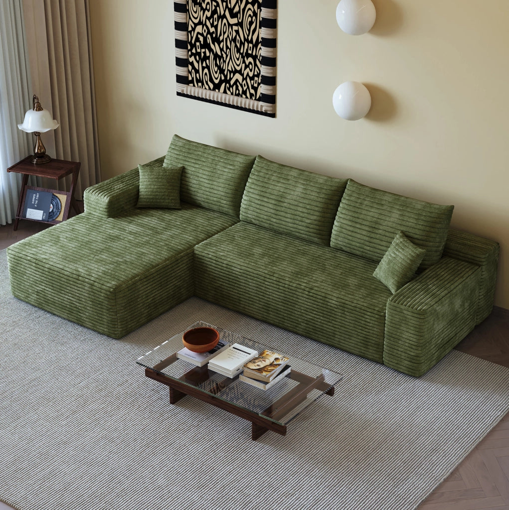 Divano angolare modulare senza struttura, L con chaise longue, tessuto verde, facile da montare