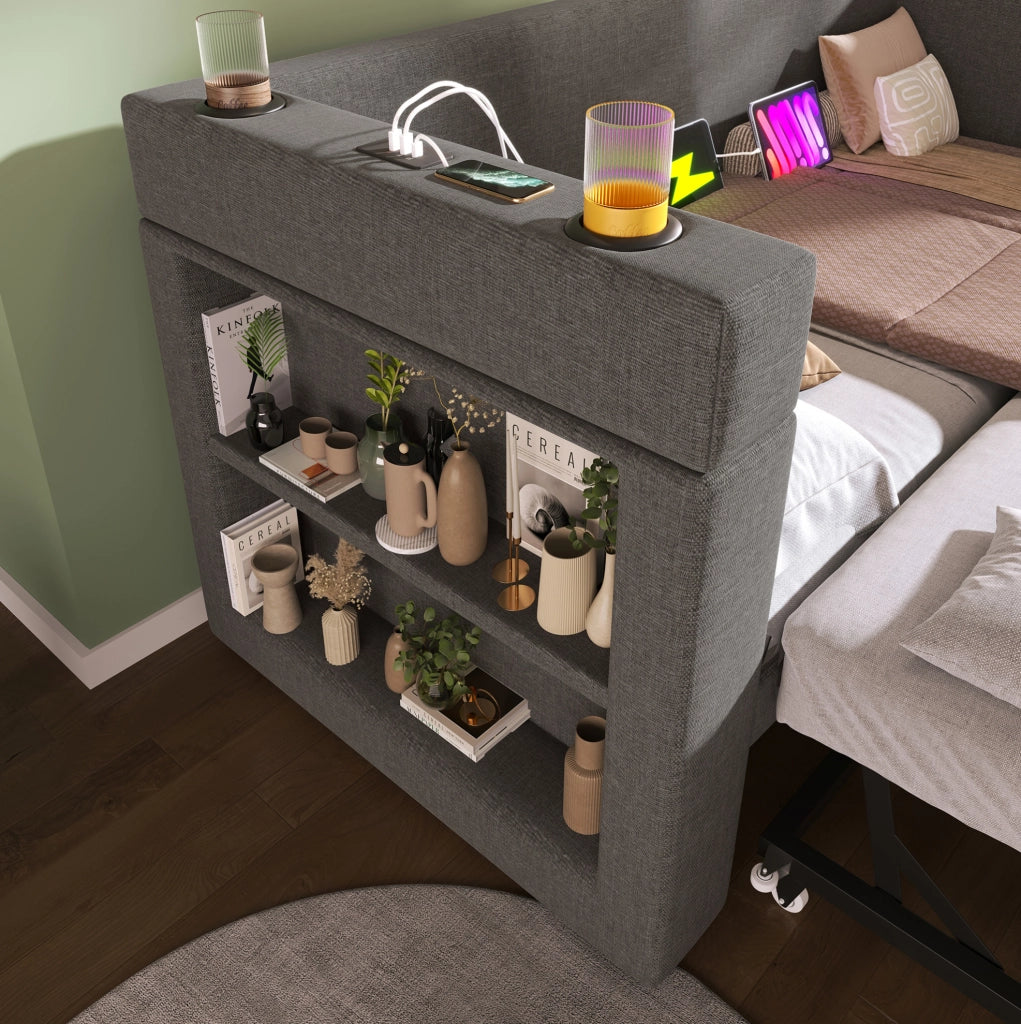 Letto singolo con letto estraibile 90x190 cm con USB-C e portabevande grigio HOMVRA