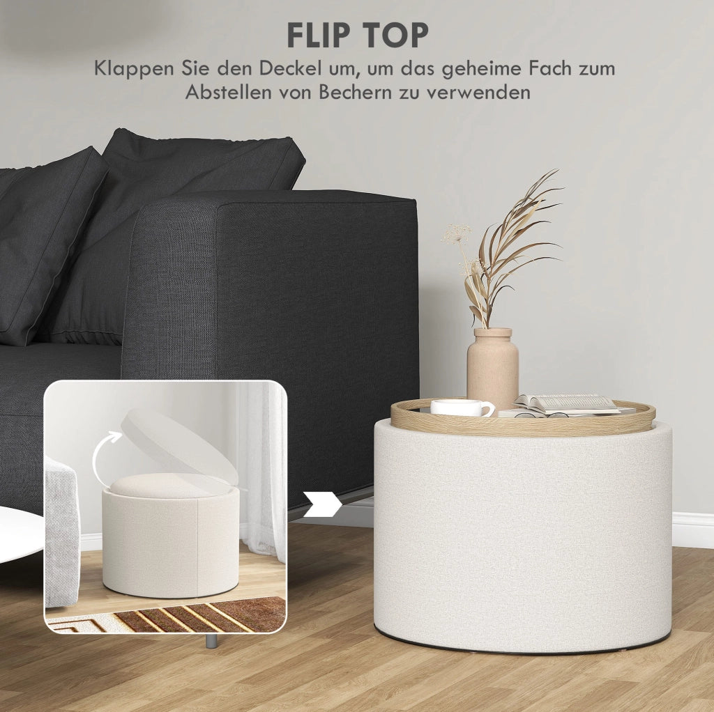 Pouf rotondo ULEVR ?56x42 cm con vano contenitore e coperchio reversibile, effetto lino bianco crema