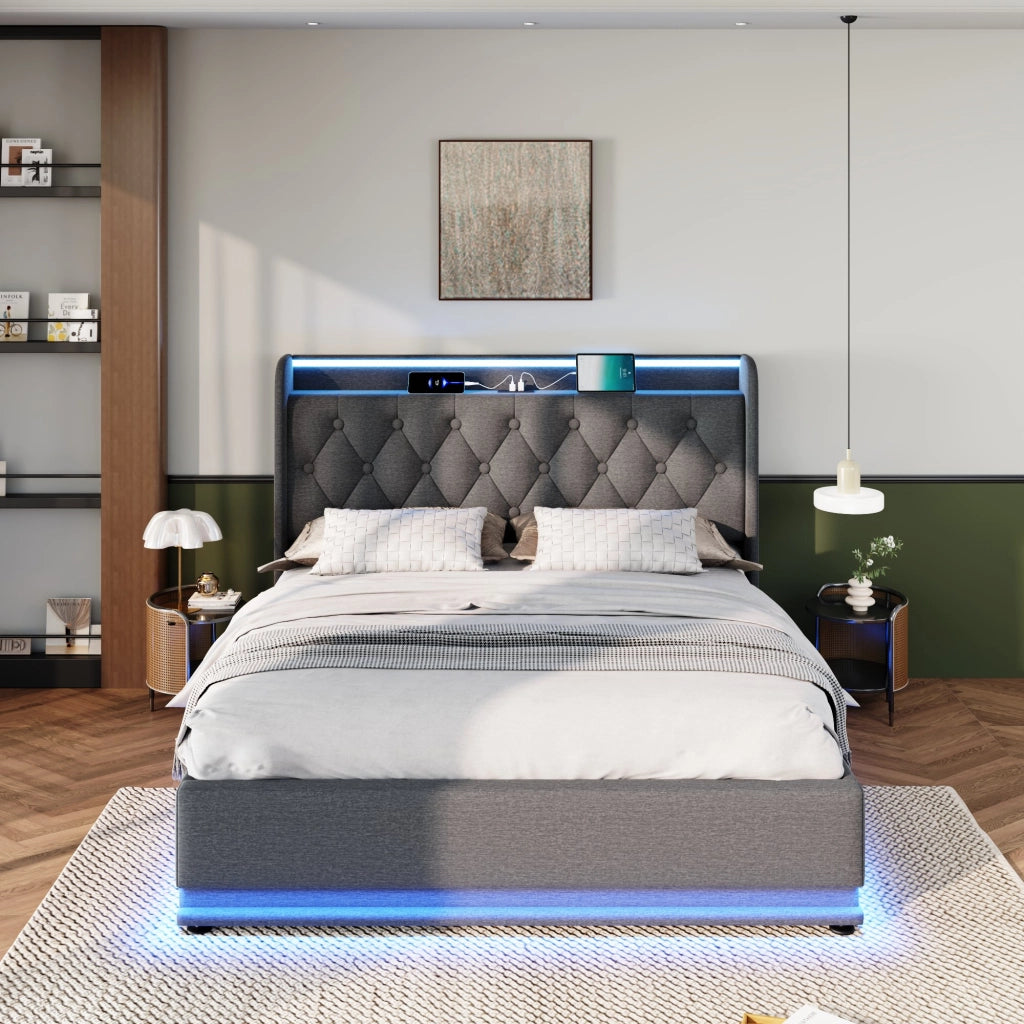 Letto contenitore matrimoniale imbottito 140x200 cm con LED 360° via app e telecomando; USB-C; sollevamento idraulico; lino grigio