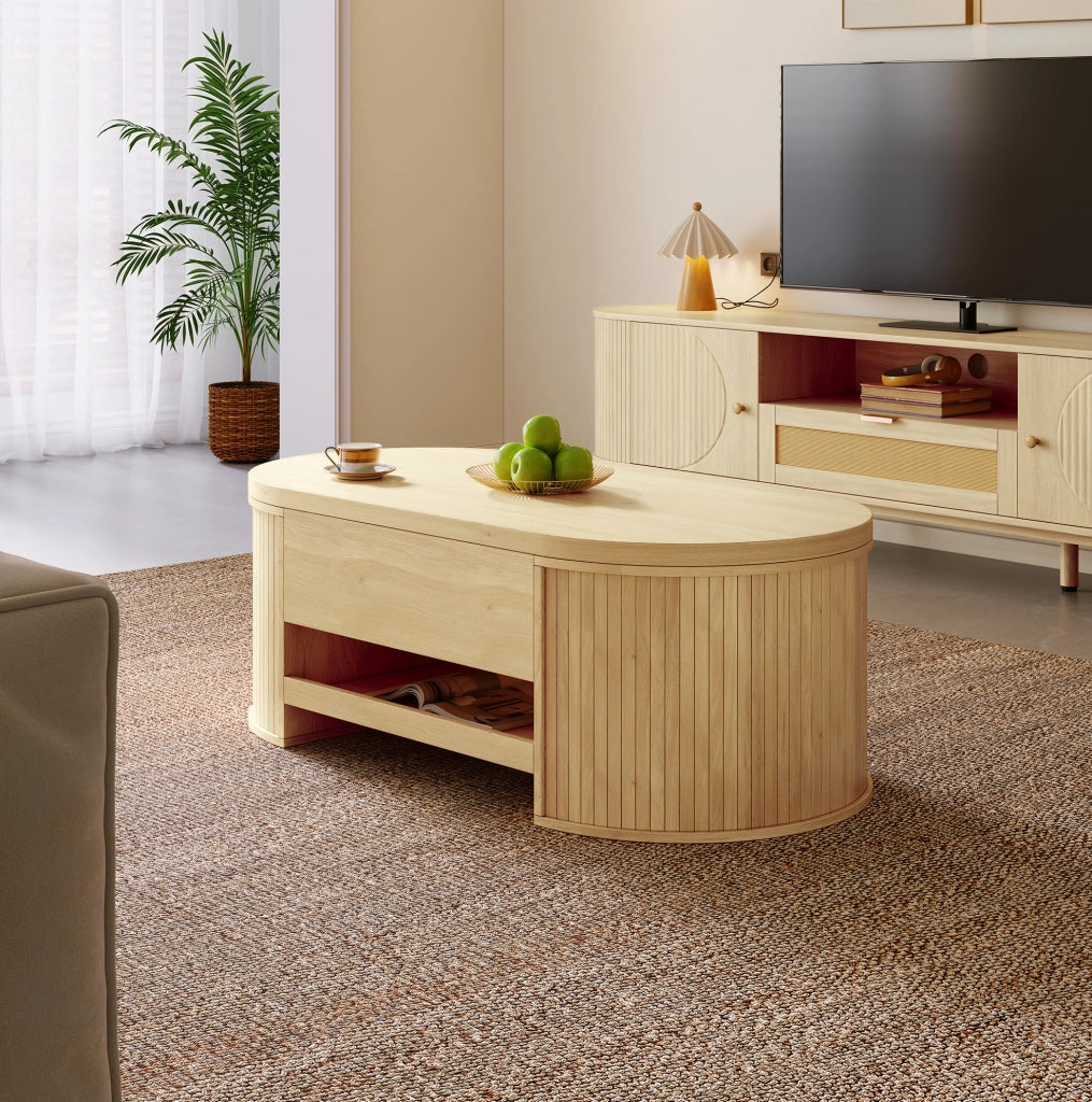 Tavolino da salotto in MDF regolabile in altezza con mensola estraibile, finitura effetto legno, 110x55,5x40 cm