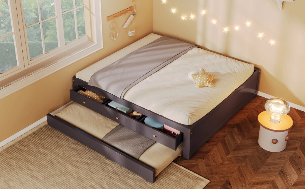 Letto matrimoniale con 3 cassetti e letto estraibile in MDF e pino color caffè per camera da letto