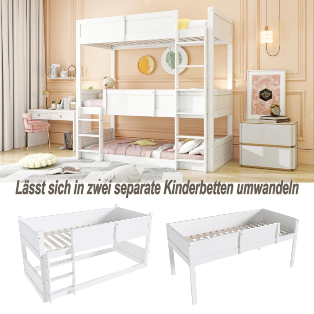 Letto a tre livelli bianco in legno massello di pino 90×200 cm, trasformabile in letto singolo più castello basso