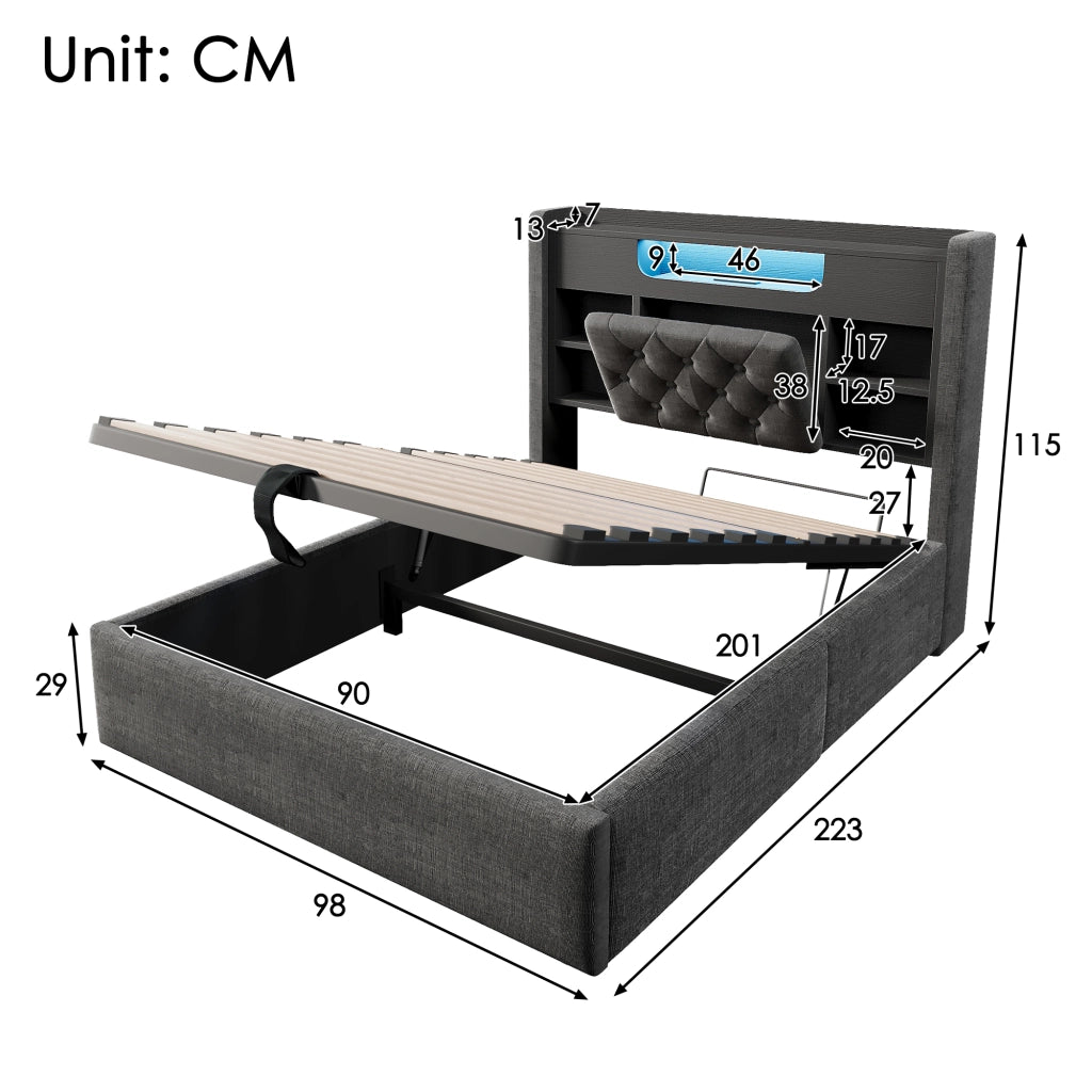 Letto contenitore 90 × 200 cm con LED; porte USB e USB-C; testiera imbottita con ripiani; lino grigio