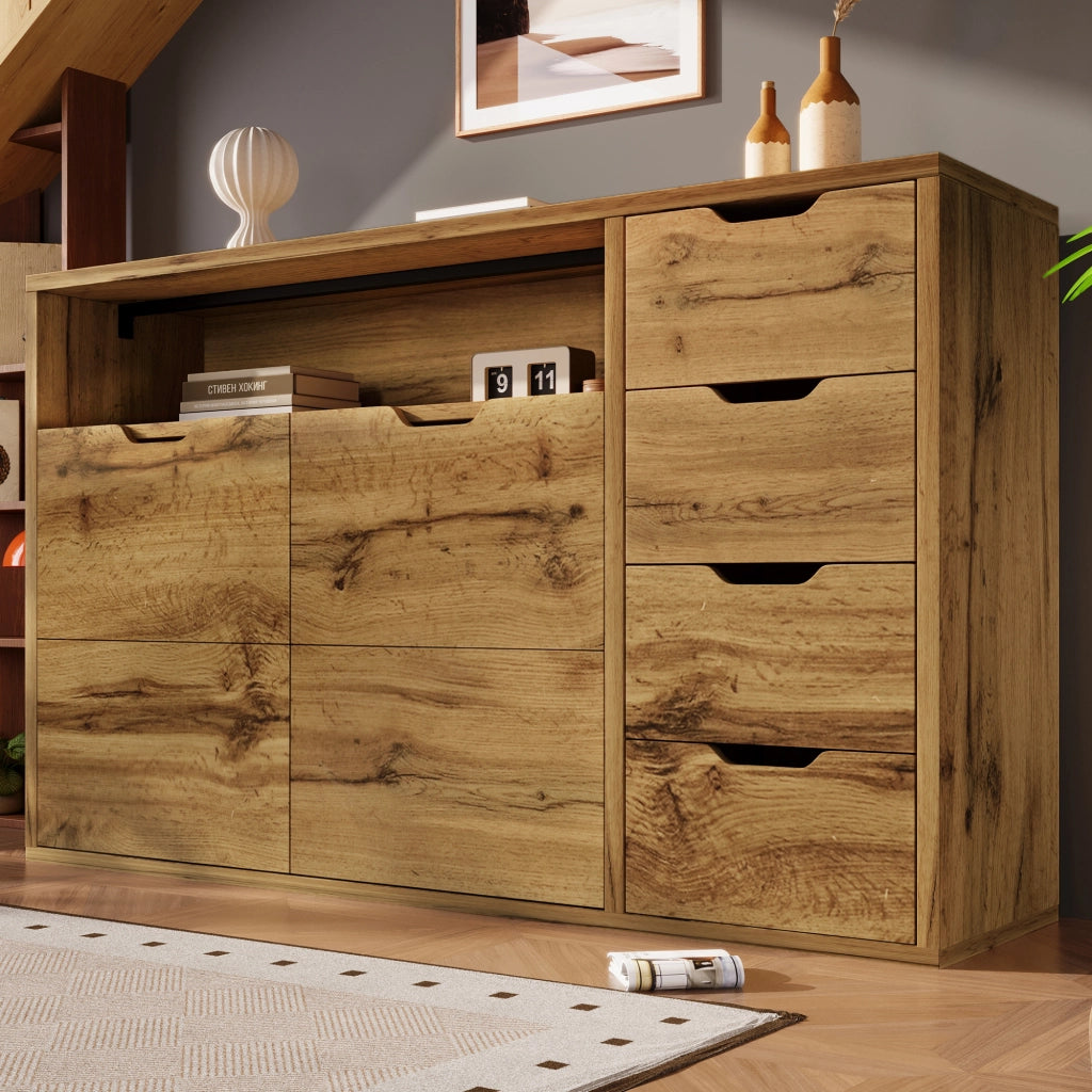Credenza 150x40x90 cm con 2 ante; 4 cassetti e vano aperto; ripiani regolabili; MDF effetto rovere e metallo