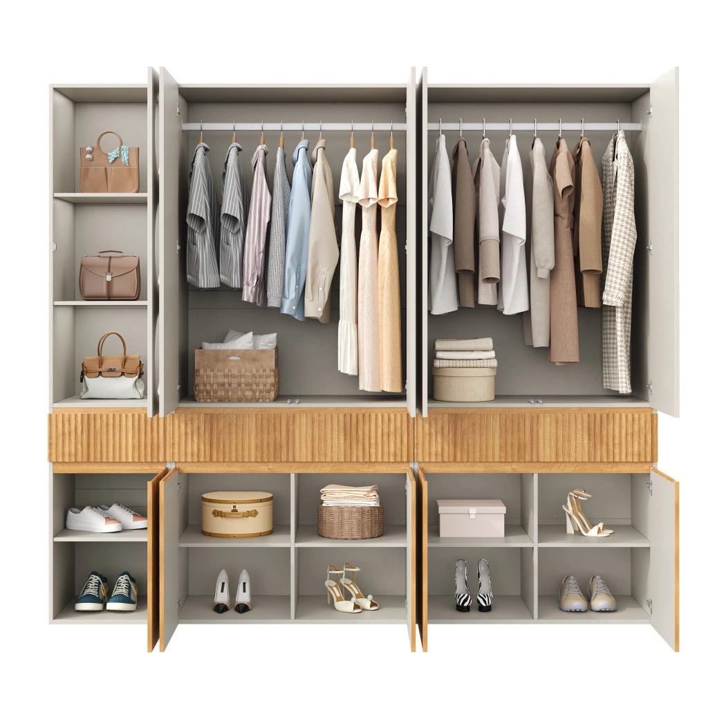 Armadio con ante battenti, 225x50x200 cm, 10 ante, 2 aste appendiabiti, 3 cassetti, effetto rovere chiaro, per camera e ufficio