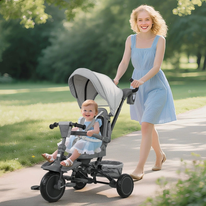 Triciclo per bambini, passeggino 6 in 1 per i pi¨´ piccoli, con maniglione, sedile regolabile, design pieghevole, rete di sicurezza, grigio