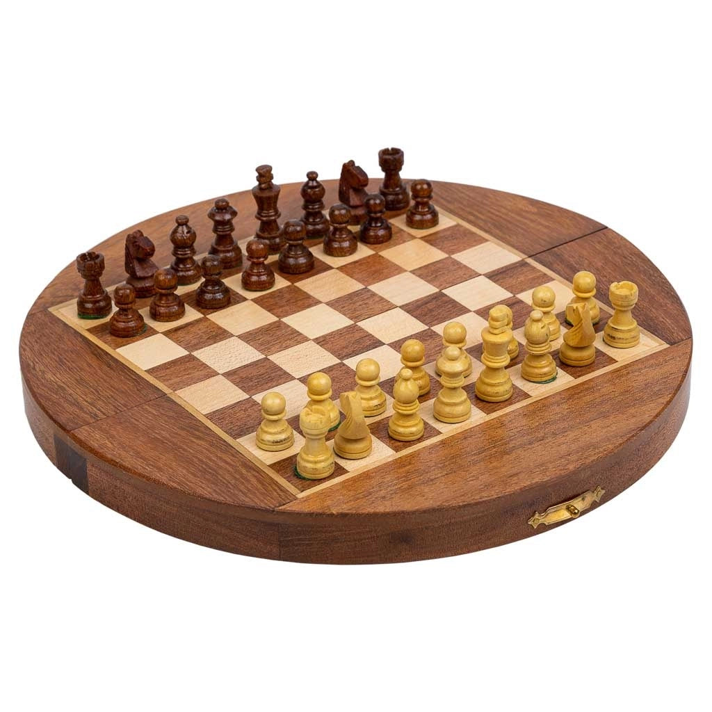 Scacchi magnetici con scatola semirotonda in legno marrone d23x2h