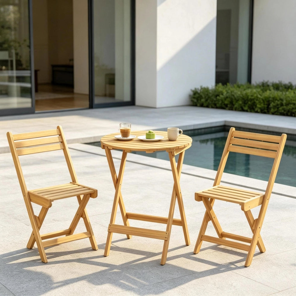 Set mobili da giardino in legno di acacia con tavolo pieghevole Ø 60 cm e 2 sedie