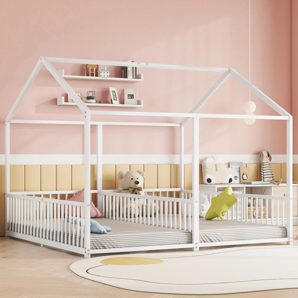 Letto a castello bambino 90×200 cm con scaletta e barriera; senza materasso; metallo; bianco
