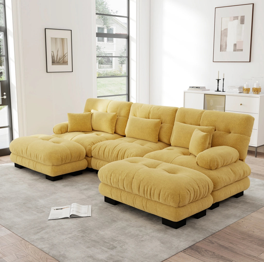 Divano modulare in ciniglia giallo con ottomani mobili