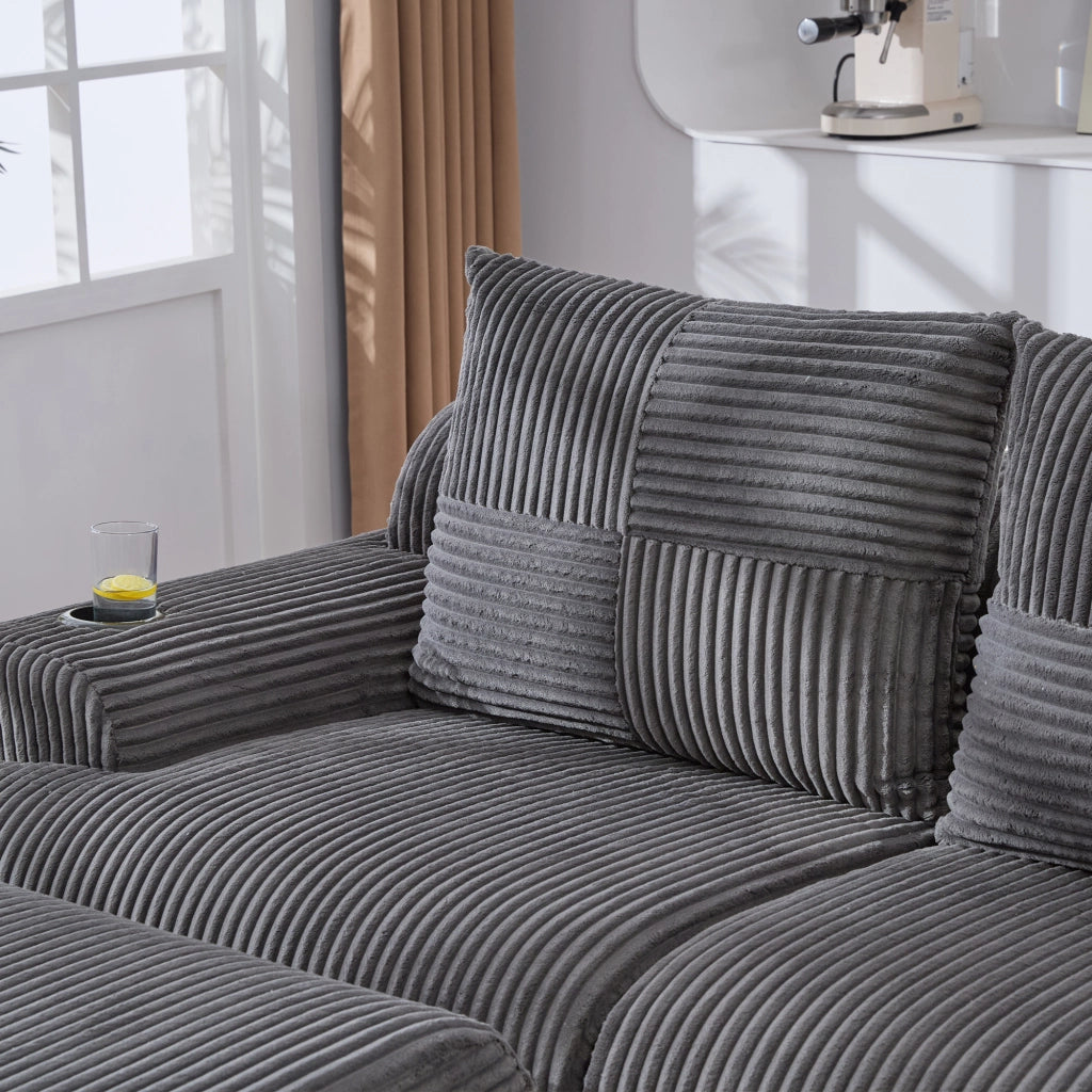 Divano modulare 4 posti con portabicchieri e tasca laterale in corduroy grigio scuro