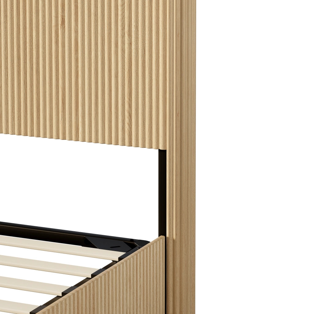 Letto contenitore 140 × 200 cm con sollevamento idraulico testiera a righe struttura in MDF e metallo rovere chiaro