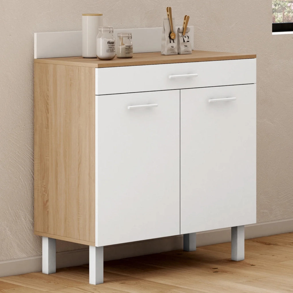 IDMarket - Cassettiera bassa CINA 80 cm con piano di lavoro H.83 cm, 2 ante + cassetto, finitura faggio e bianco