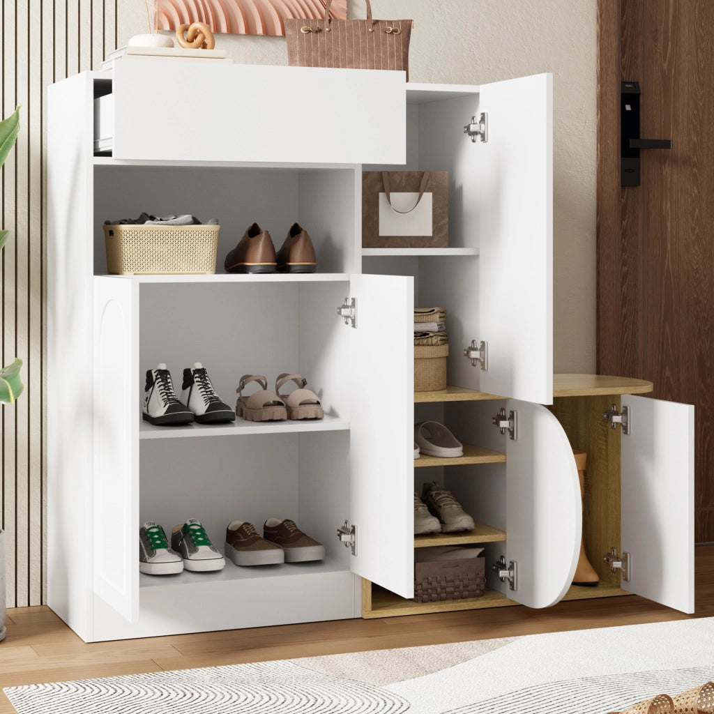 Scarpiera, mobile da ingresso, con seduta, cassetti, ripiani aperti, 130 x 35 x 110,5 cm, bianco e color legno naturale