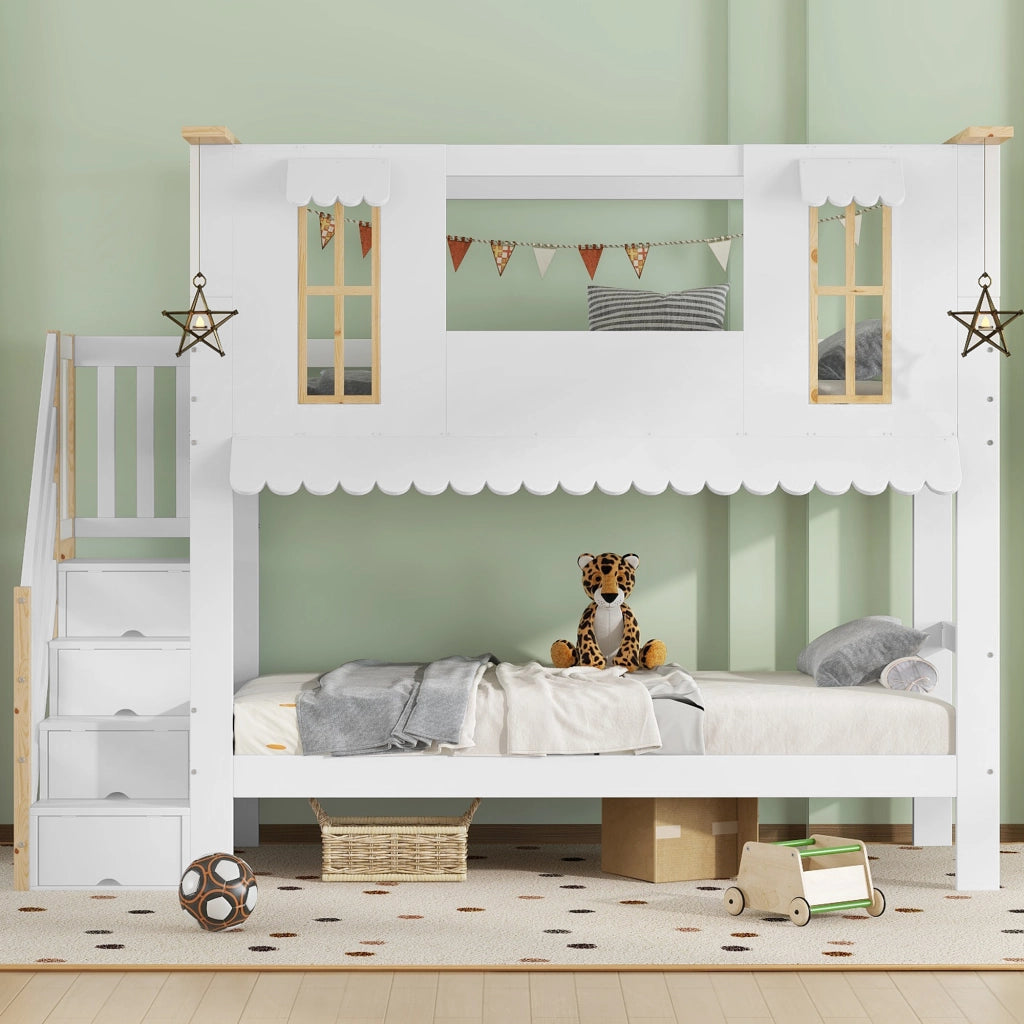 Letto a castello per bambini 90 × 200 cm 2 posti con scala contenitore; senza materasso; bianco e naturale