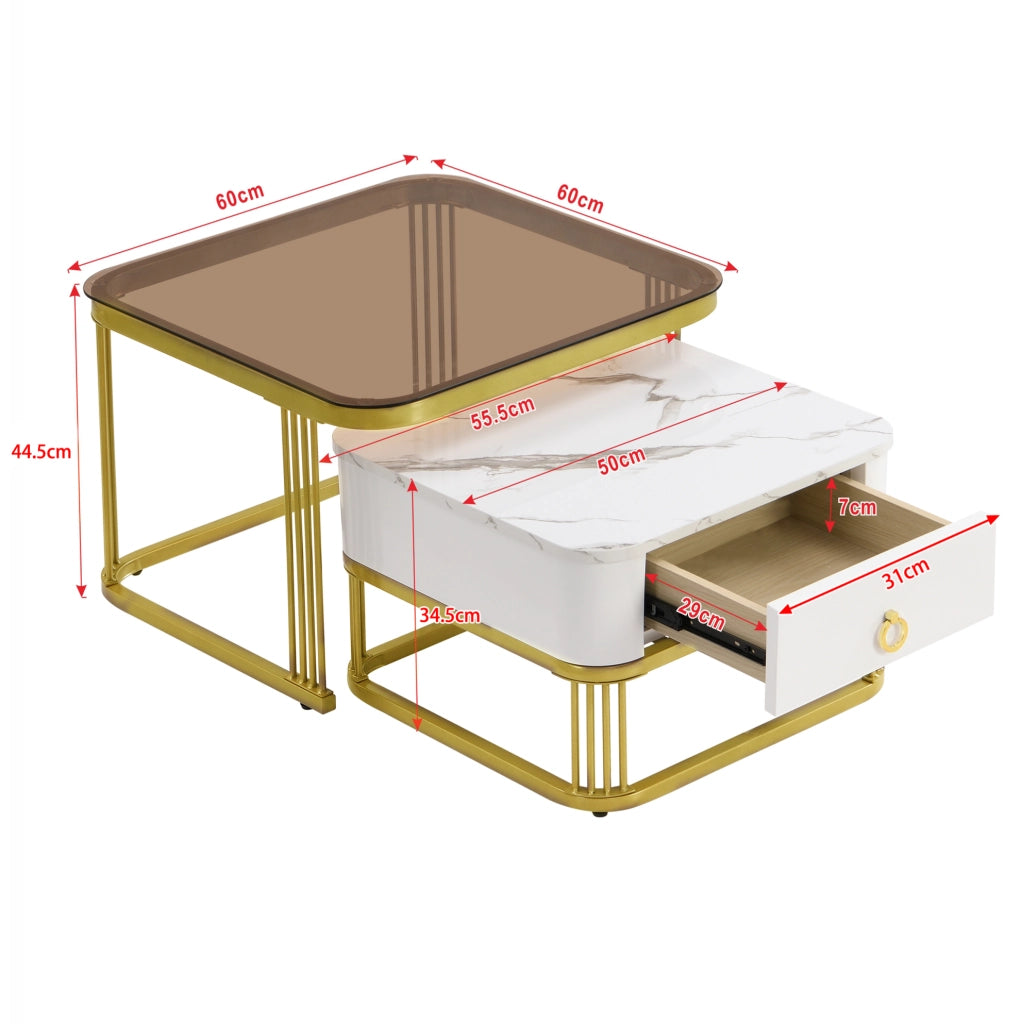 Set di 2 tavolini da salotto a incastro con cassetti in MDF bianco e oro
