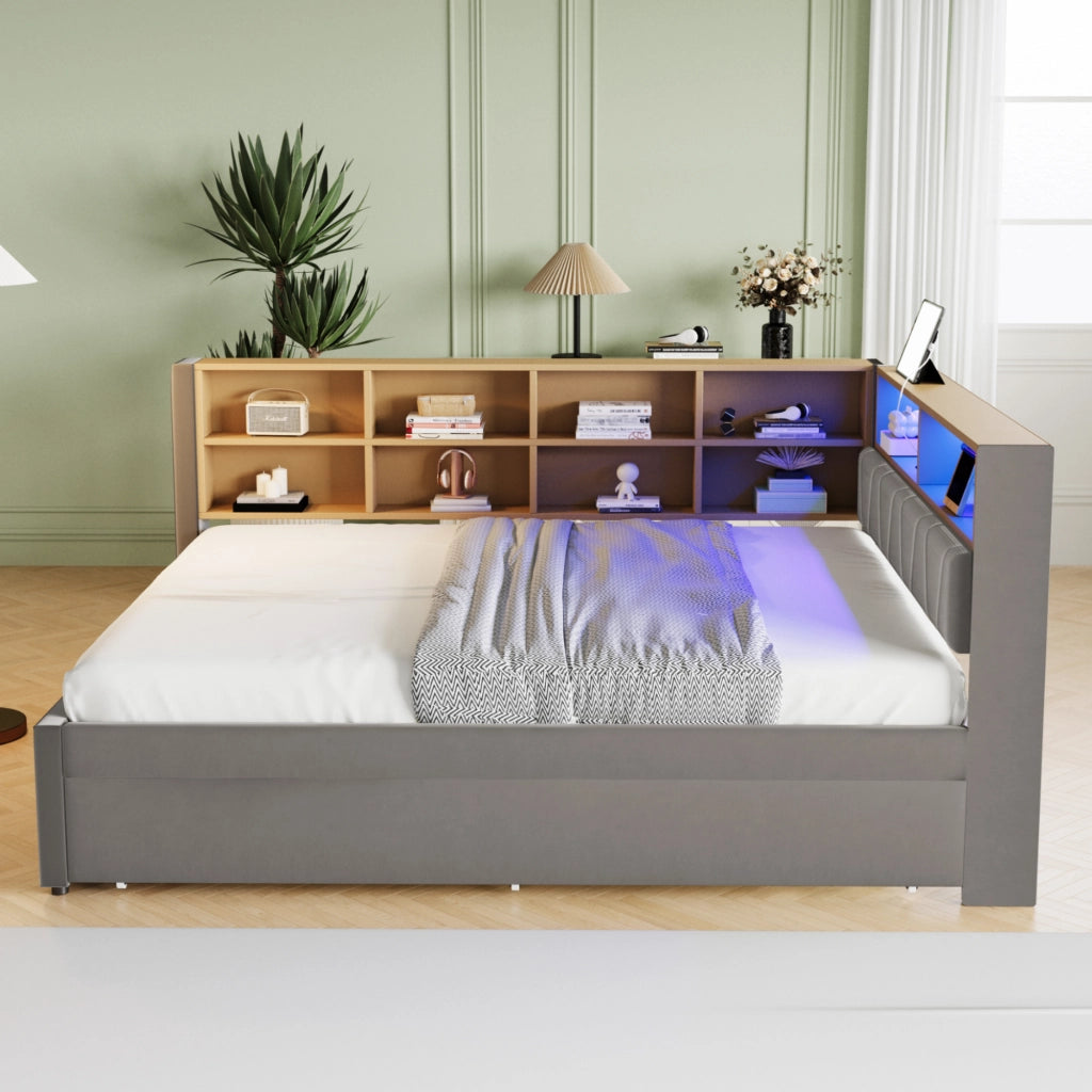 Letto estraibile matrimoniale 140×200 cm e 90×190 cm con LED; USB; Type-C e ripiani; senza materasso; flanella; grigio scuro