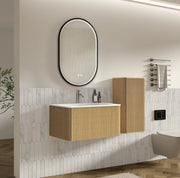 Set mobili bagno sospeso 80 cm con lavabo in pietra sintetica, mobile laterale rovere, specchio LED regolabile con cornice nera
