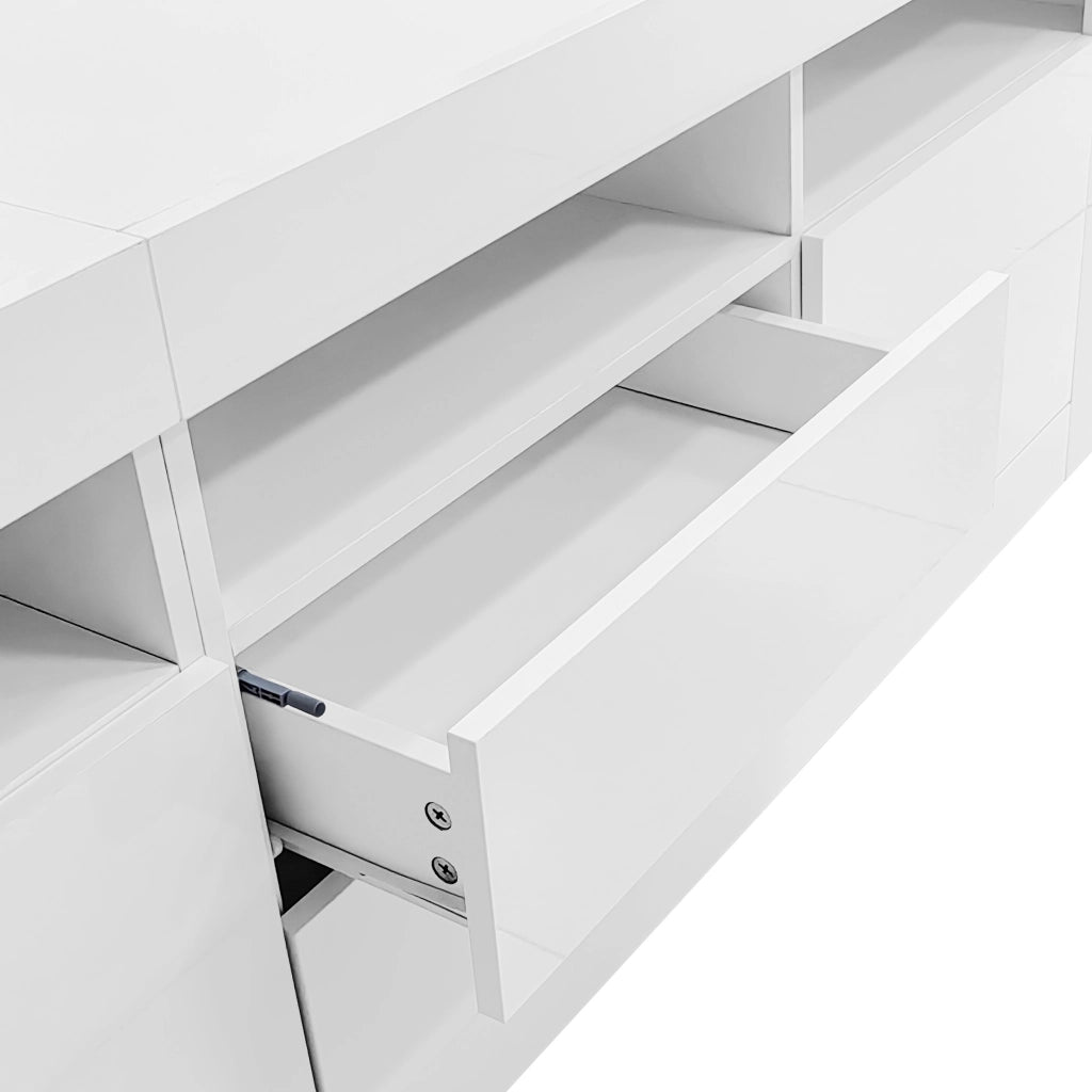 Mobile TV 160x35x60 cm con LED; 3 vani aperti; 2 ante e 2 cassetti; pannello truciolare bianco