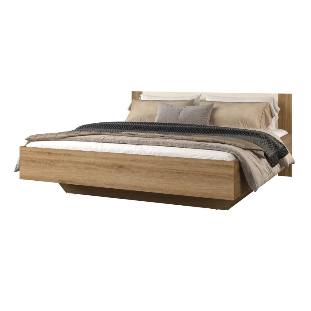 Letto contenitore VERTIGO – 160x200 cm – Rovere selvaggio e beige sabbia – Con piede design e rete inclusa